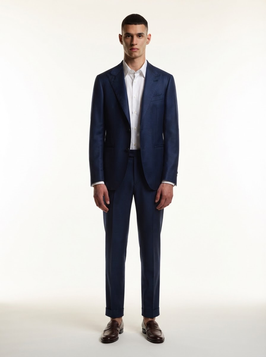 The model wearing: Navy suit · white shirt · loafers